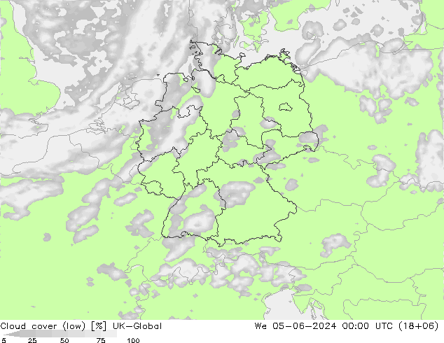 Cloud cover (low) UK-Global We 05.06.2024 00 UTC