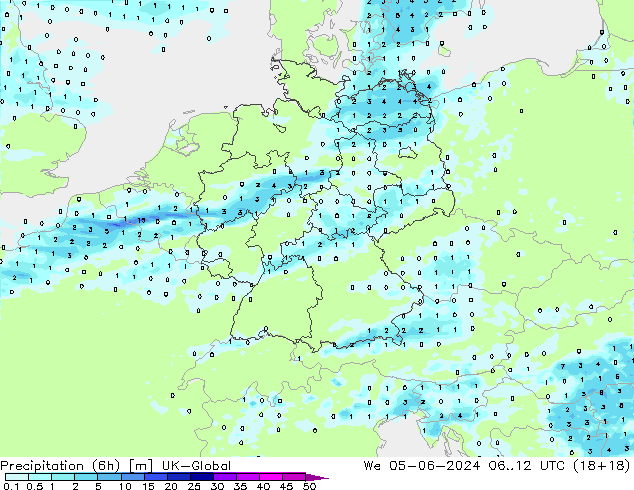 Yağış (6h) UK-Global Çar 05.06.2024 12 UTC