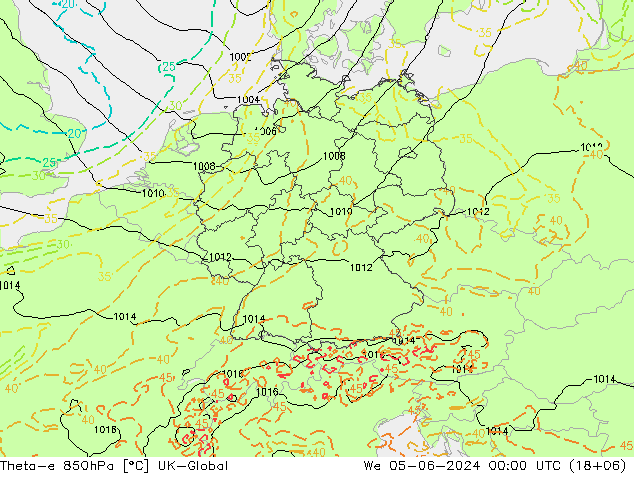 Theta-e 850hPa UK-Global Çar 05.06.2024 00 UTC