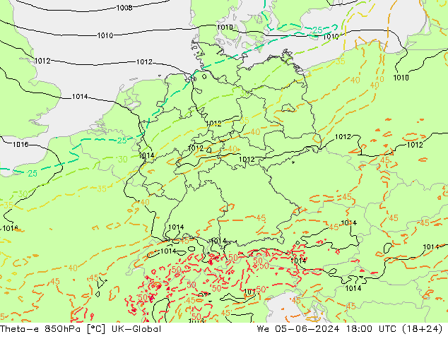 Theta-e 850hPa UK-Global We 05.06.2024 18 UTC