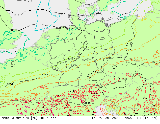 Theta-e 850hPa UK-Global  06.06.2024 18 UTC