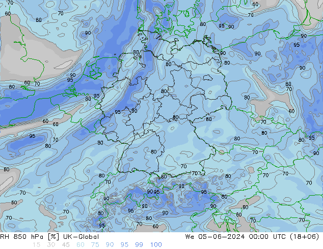 Humidité rel. 850 hPa UK-Global mer 05.06.2024 00 UTC