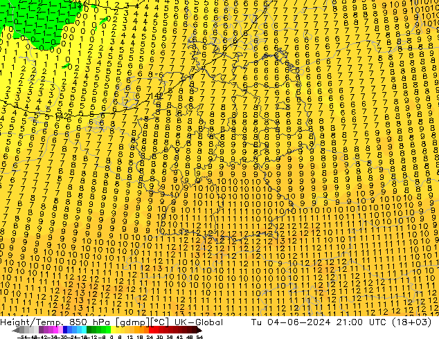 Height/Temp. 850 hPa UK-Global 星期二 04.06.2024 21 UTC