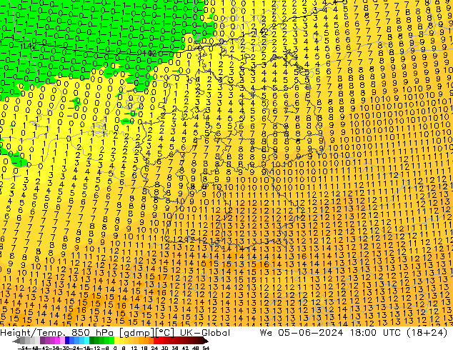 Height/Temp. 850 hPa UK-Global Mi 05.06.2024 18 UTC