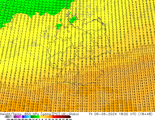 Height/Temp. 850 hPa UK-Global Čt 06.06.2024 18 UTC