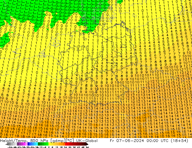 Geop./Temp. 850 hPa UK-Global vie 07.06.2024 00 UTC