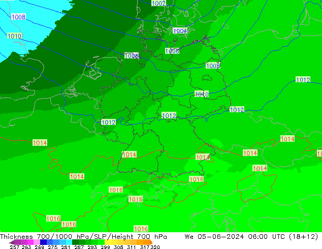 Schichtdicke 700-1000 hPa UK-Global Mi 05.06.2024 06 UTC