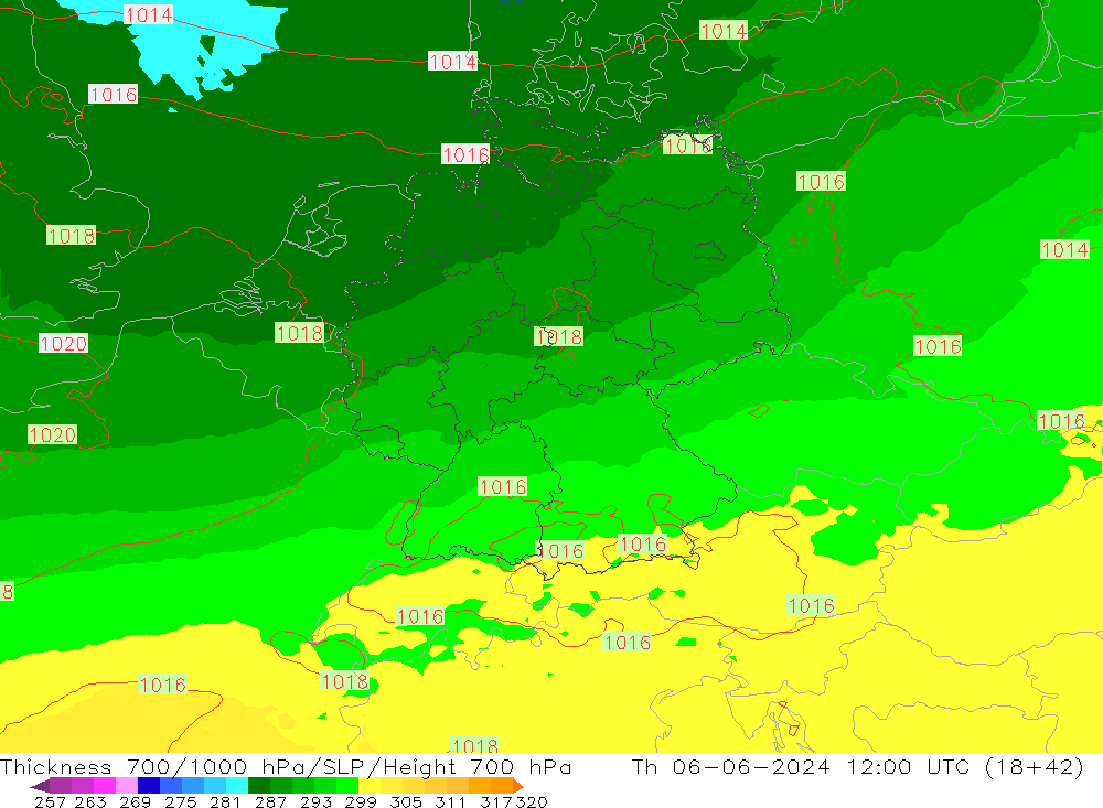 Espesor 700-1000 hPa UK-Global jue 06.06.2024 12 UTC