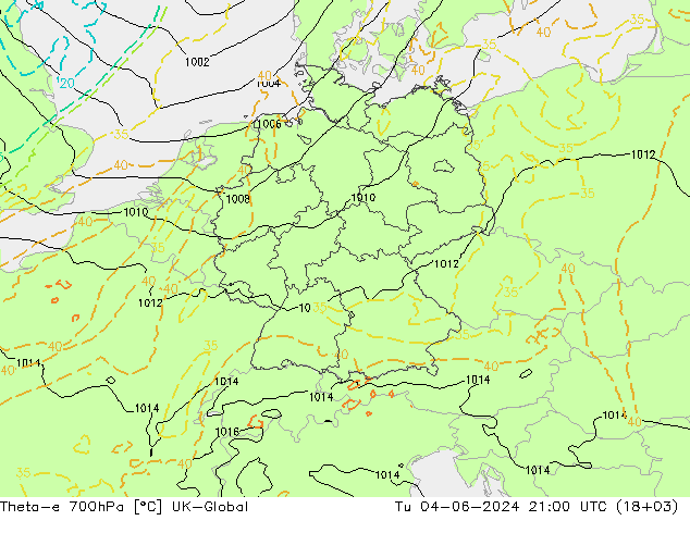 Theta-e 700hPa UK-Global Di 04.06.2024 21 UTC