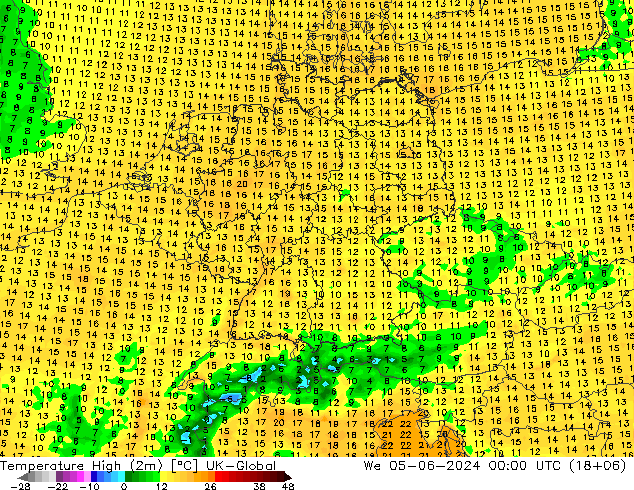 Temperatura máx. (2m) UK-Global mié 05.06.2024 00 UTC