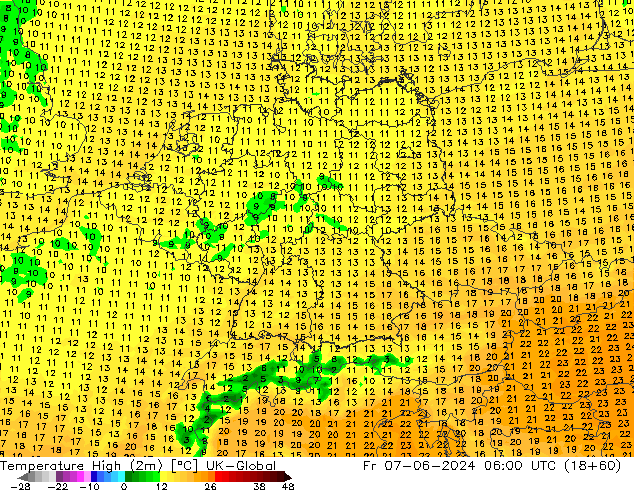 Max. Temperatura (2m) UK-Global pt. 07.06.2024 06 UTC