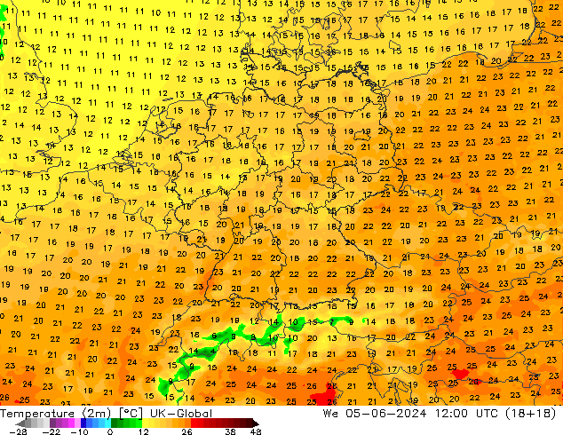 Temperature (2m) UK-Global We 05.06.2024 12 UTC