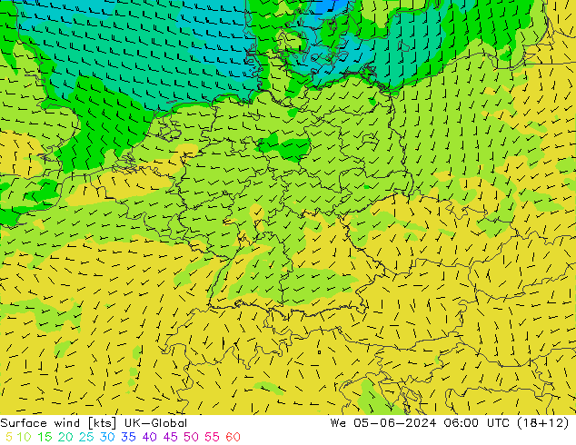 Surface wind UK-Global St 05.06.2024 06 UTC