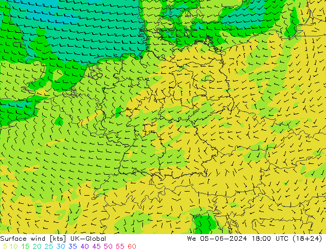 Surface wind UK-Global We 05.06.2024 18 UTC