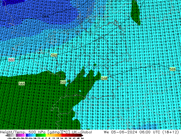 Height/Temp. 500 hPa UK-Global St 05.06.2024 06 UTC