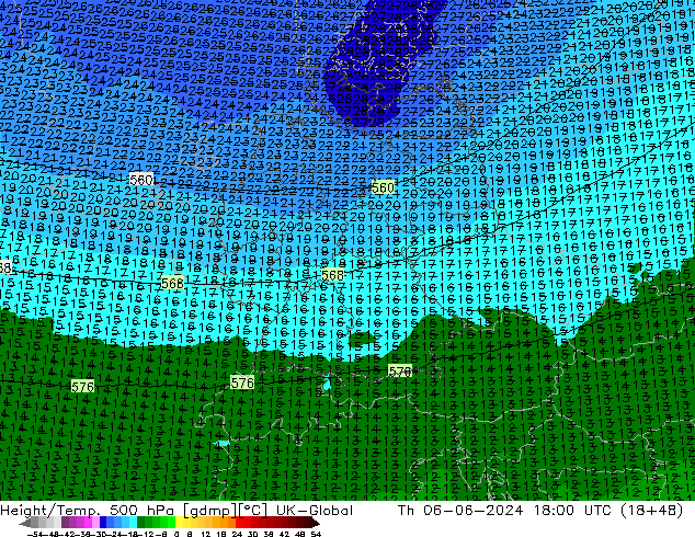 Height/Temp. 500 hPa UK-Global Qui 06.06.2024 18 UTC