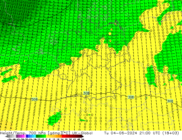 Height/Temp. 700 hPa UK-Global Di 04.06.2024 21 UTC