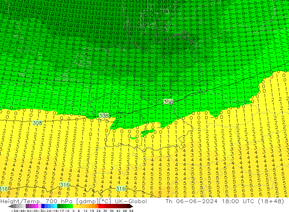 Yükseklik/Sıc. 700 hPa UK-Global Per 06.06.2024 18 UTC