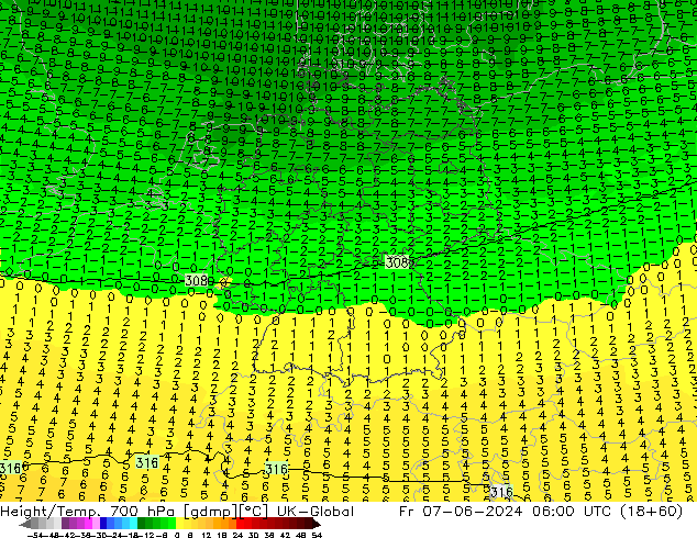 Geop./Temp. 700 hPa UK-Global vie 07.06.2024 06 UTC