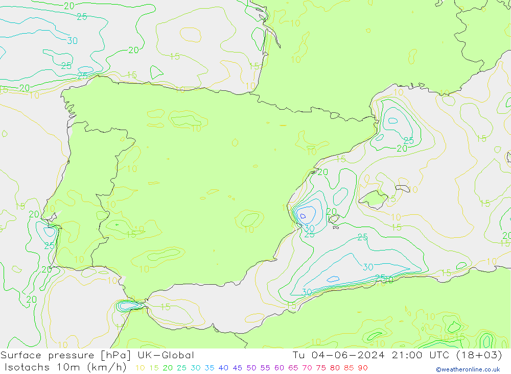 Isotachs (kph) UK-Global Tu 04.06.2024 21 UTC