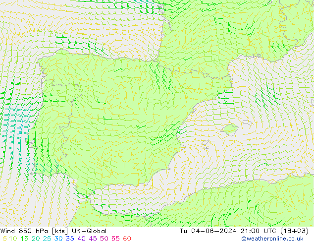 wiatr 850 hPa UK-Global wto. 04.06.2024 21 UTC