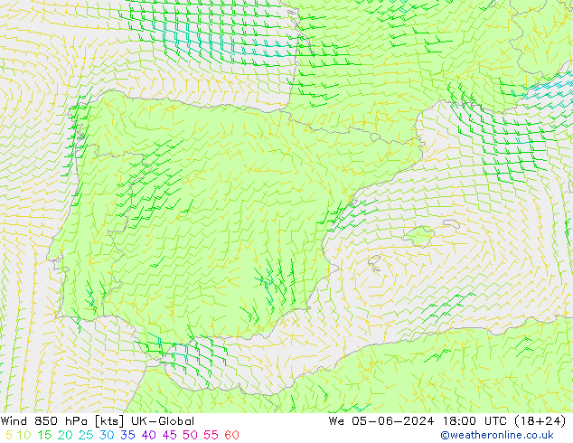 Wind 850 hPa UK-Global wo 05.06.2024 18 UTC