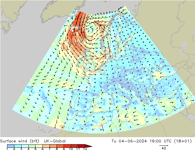 Viento 10 m (bft) UK-Global mar 04.06.2024 19 UTC