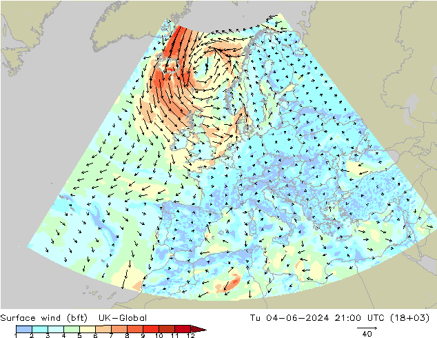 Surface wind (bft) UK-Global Tu 04.06.2024 21 UTC