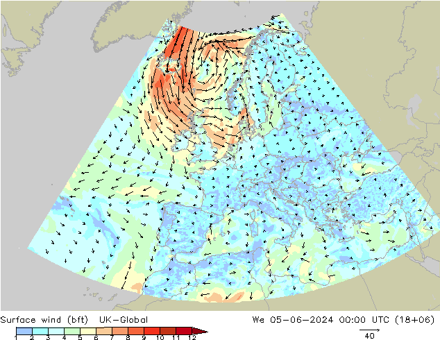 Surface wind (bft) UK-Global We 05.06.2024 00 UTC