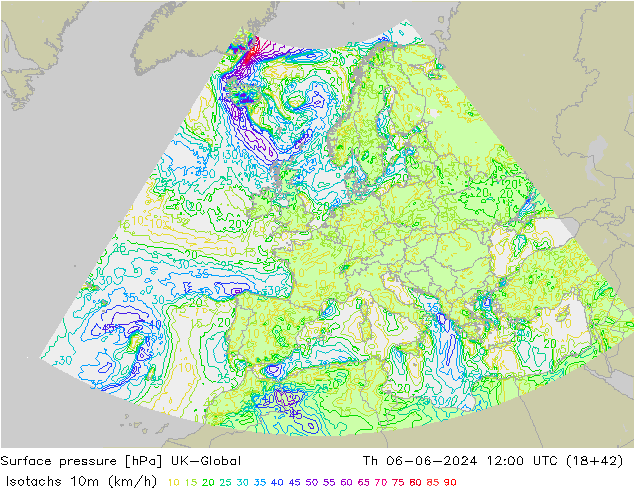 Isotachs (kph) UK-Global Th 06.06.2024 12 UTC