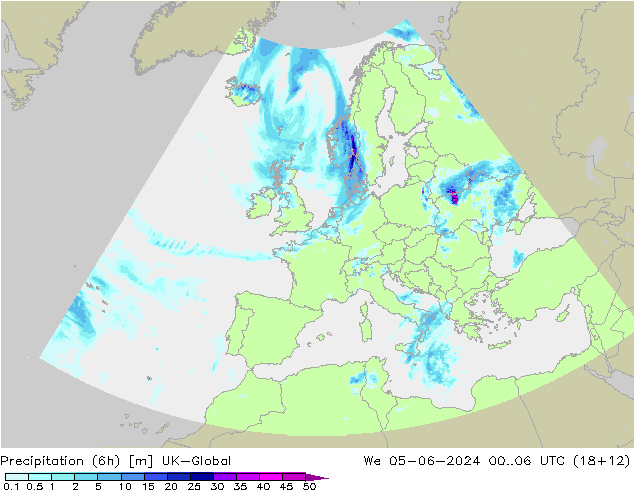 Totale neerslag (6h) UK-Global wo 05.06.2024 06 UTC