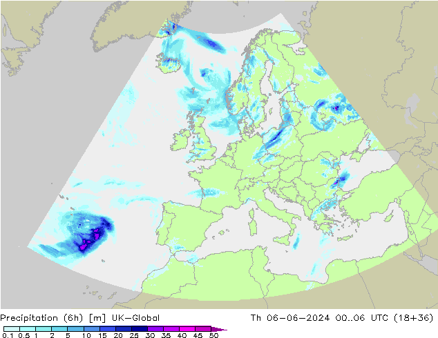 Precipitazione (6h) UK-Global gio 06.06.2024 06 UTC