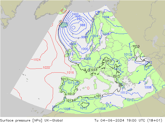 Surface pressure UK-Global Tu 04.06.2024 19 UTC