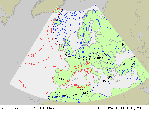 Pressione al suolo UK-Global mer 05.06.2024 00 UTC