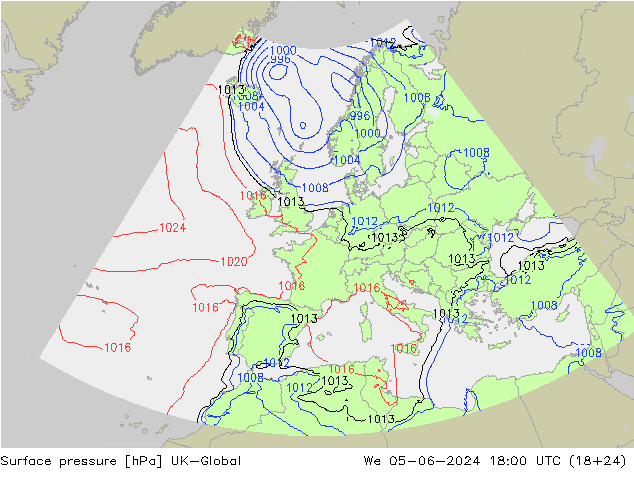 Pressione al suolo UK-Global mer 05.06.2024 18 UTC