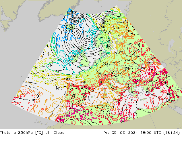 Theta-e 850hPa UK-Global śro. 05.06.2024 18 UTC