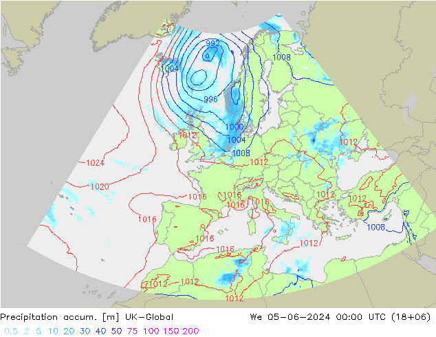 Precipitation accum. UK-Global 星期三 05.06.2024 00 UTC