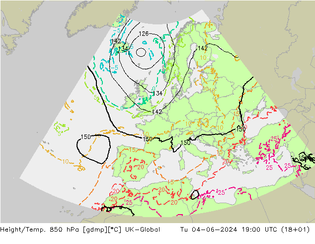 Height/Temp. 850 гПа UK-Global вт 04.06.2024 19 UTC