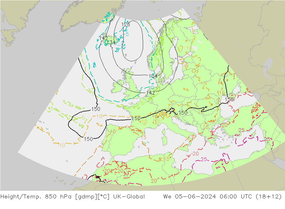 Yükseklik/Sıc. 850 hPa UK-Global Çar 05.06.2024 06 UTC