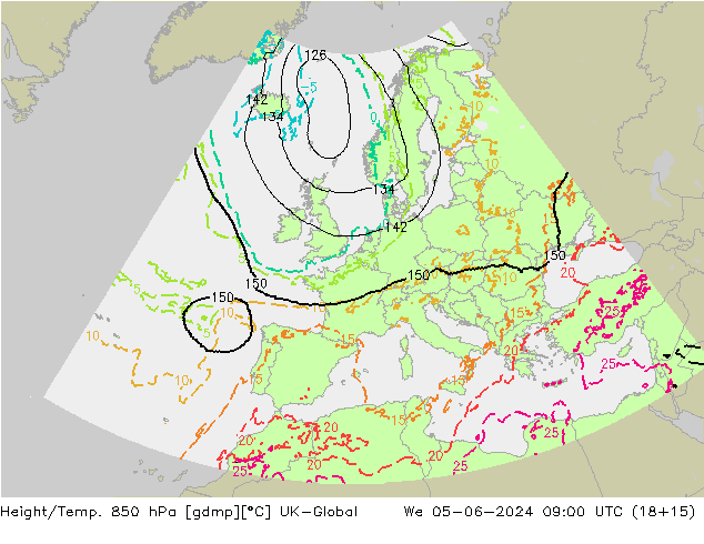 Géop./Temp. 850 hPa UK-Global mer 05.06.2024 09 UTC