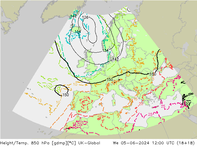 Height/Temp. 850 hPa UK-Global We 05.06.2024 12 UTC