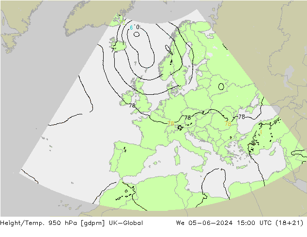 Géop./Temp. 950 hPa UK-Global mer 05.06.2024 15 UTC