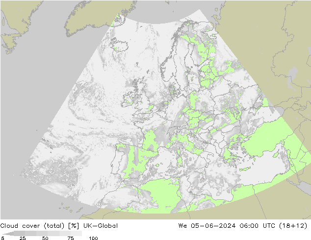 Cloud cover (total) UK-Global We 05.06.2024 06 UTC