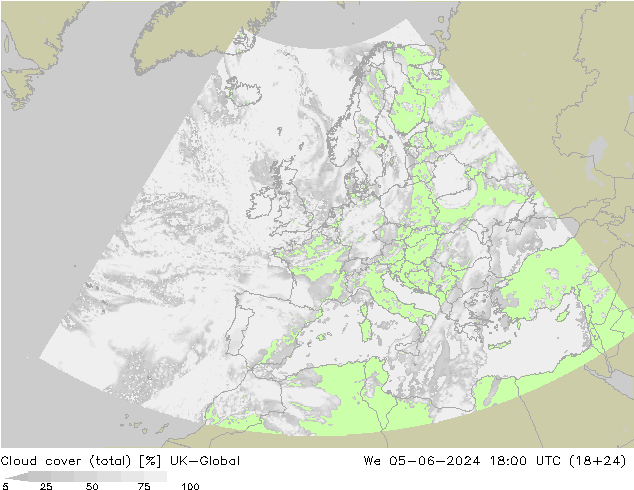 Cloud cover (total) UK-Global We 05.06.2024 18 UTC