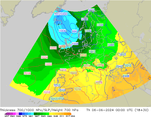 Thck 700-1000 hPa UK-Global  06.06.2024 00 UTC