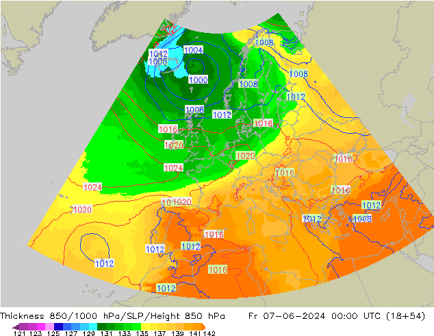 850-1000 hPa Kalınlığı UK-Global Cu 07.06.2024 00 UTC