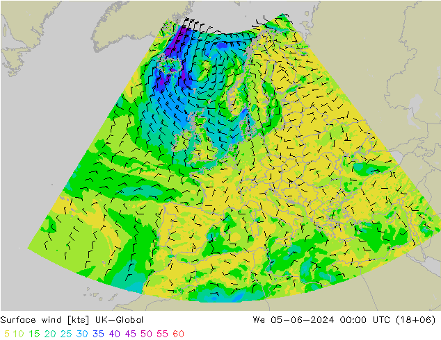 Vento 10 m UK-Global Qua 05.06.2024 00 UTC