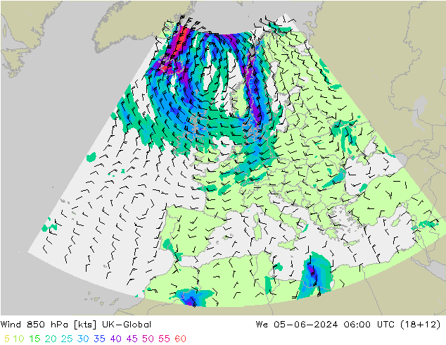 Vento 850 hPa UK-Global Qua 05.06.2024 06 UTC