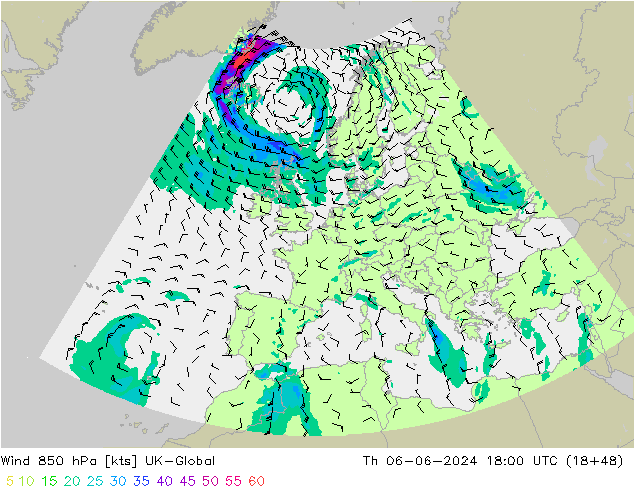 Wind 850 hPa UK-Global Th 06.06.2024 18 UTC
