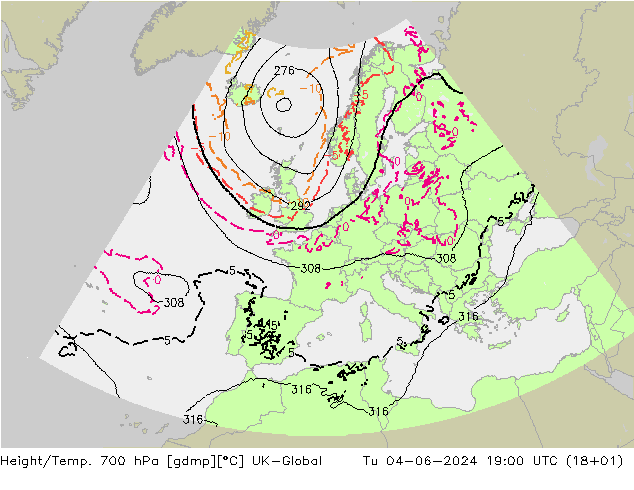 Height/Temp. 700 hPa UK-Global  04.06.2024 19 UTC